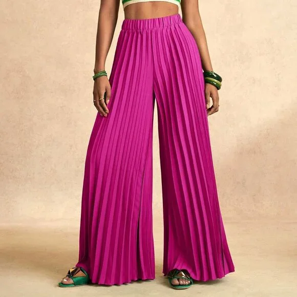 Hot Pink Casual Women's Pleated Elastic Waist Wide-Leg Pants - Picture 3 of 8